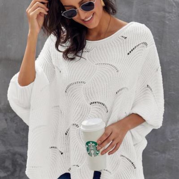 Sweaters - White open weave wave design pullover sweater